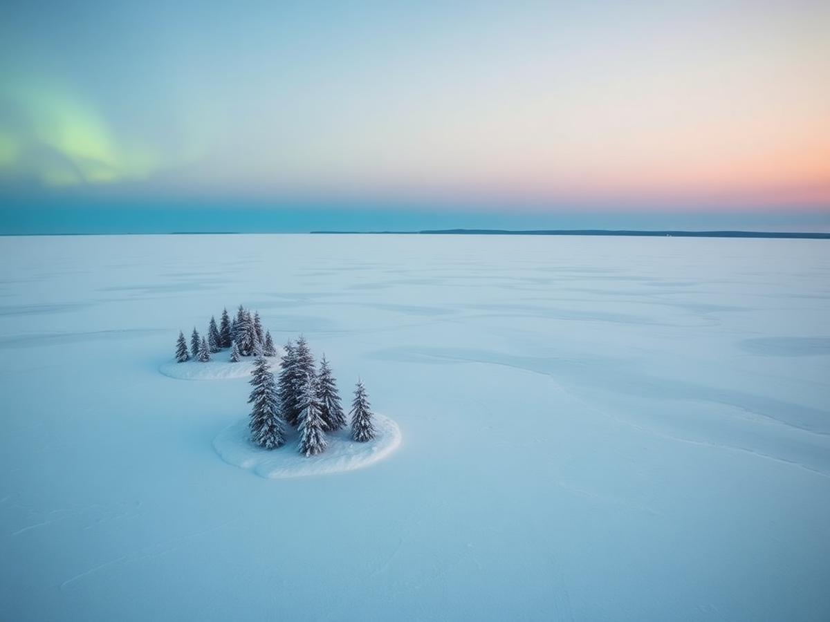 Frozen Lake Inari at dusk with a Sámi landscape backdrop