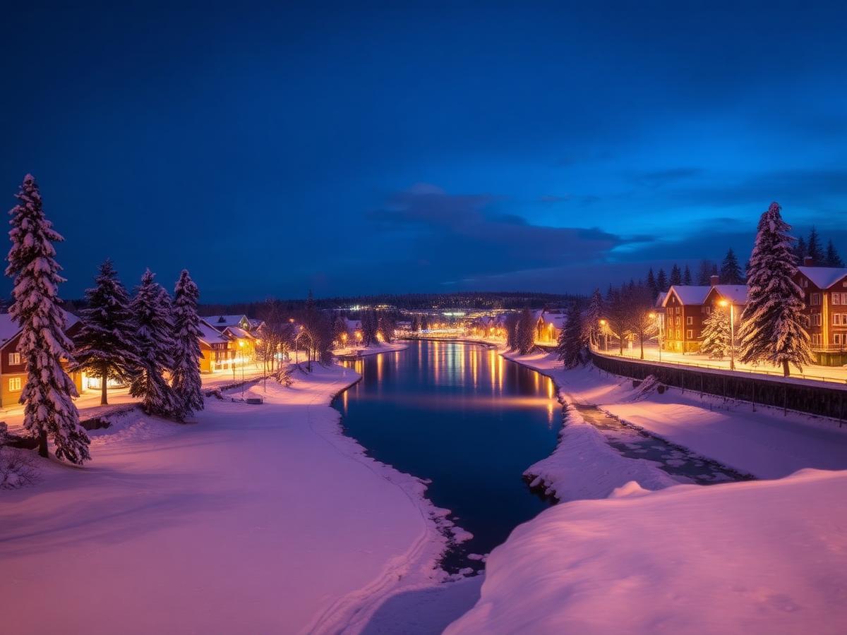 Snowy riverside view of Rovaniemi in winter twilight