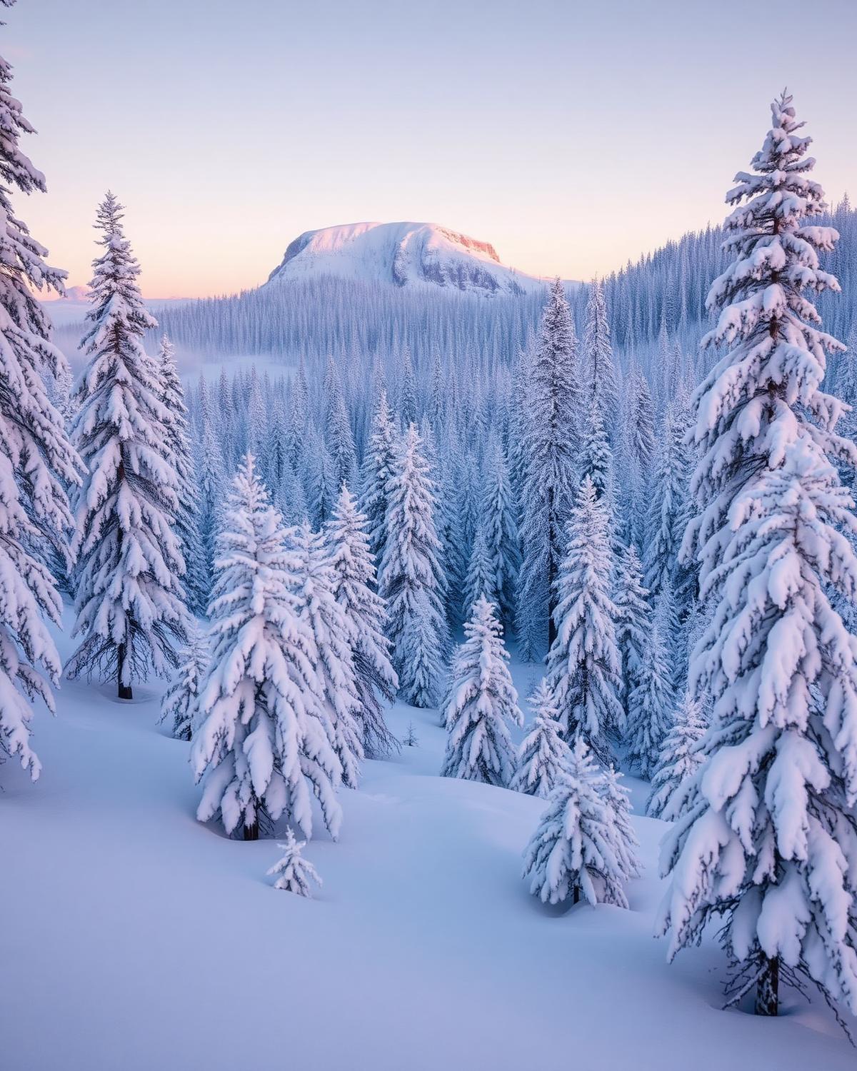 Old spruce forest blanketed in deep snow in Salla, eastern Lapland