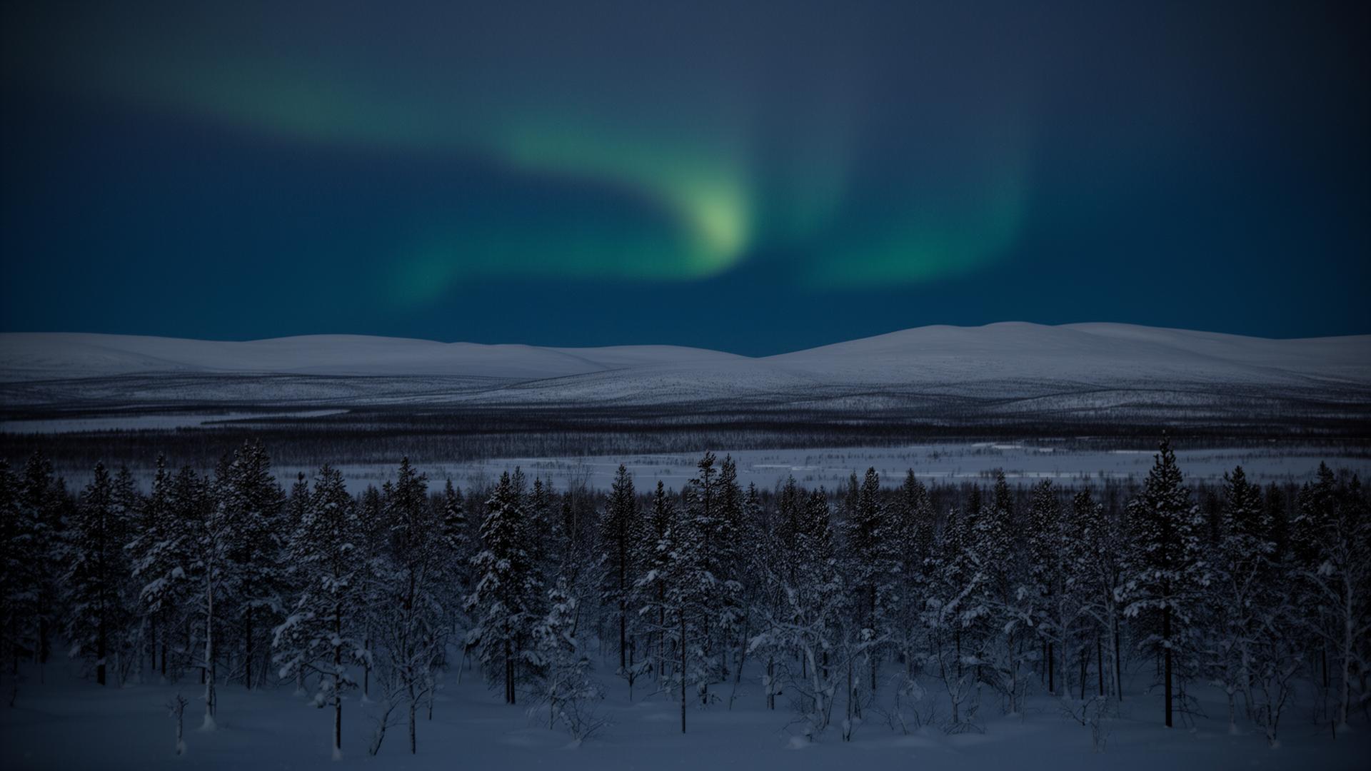 Northern lights over a snow-covered forest in Finnish Lapland