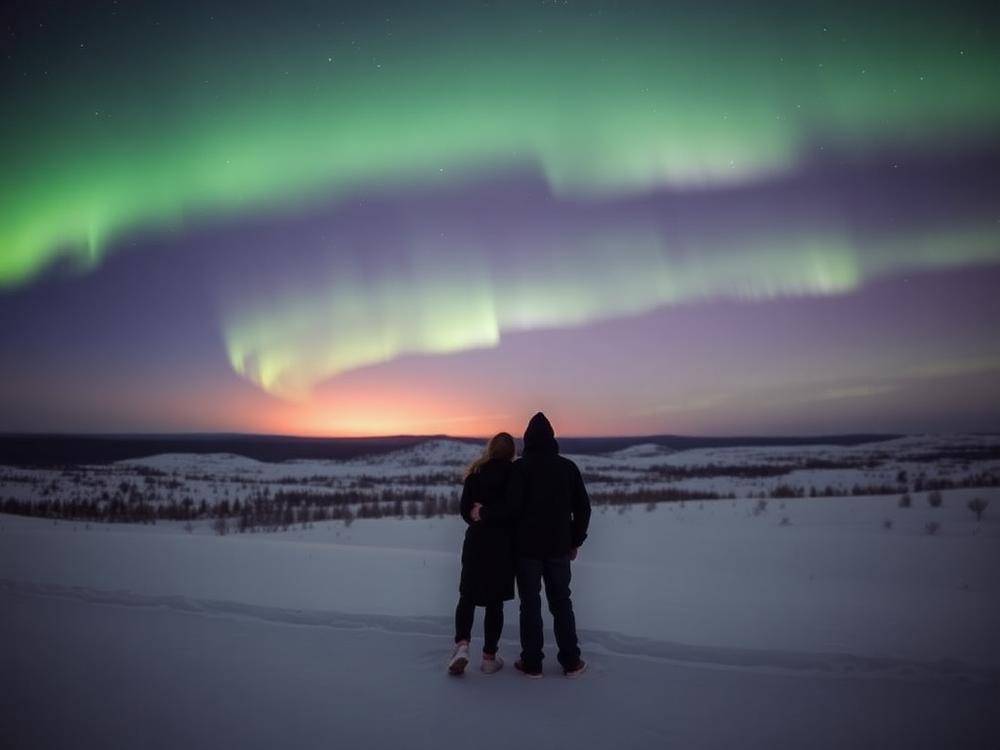 Couple watching the aurora from inside a glass-roof cabin in Saariselkä